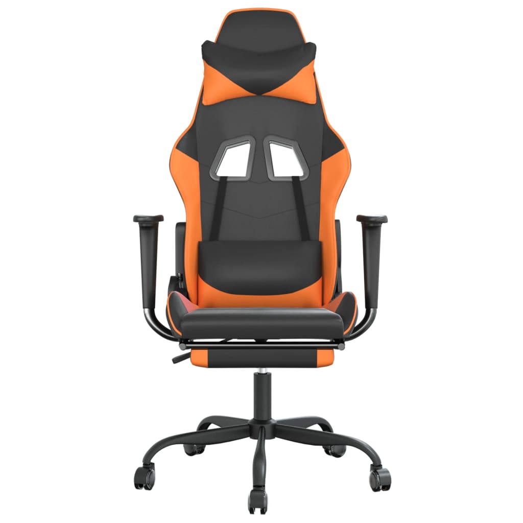 gaming chair with footrest, black and orange, faux leather