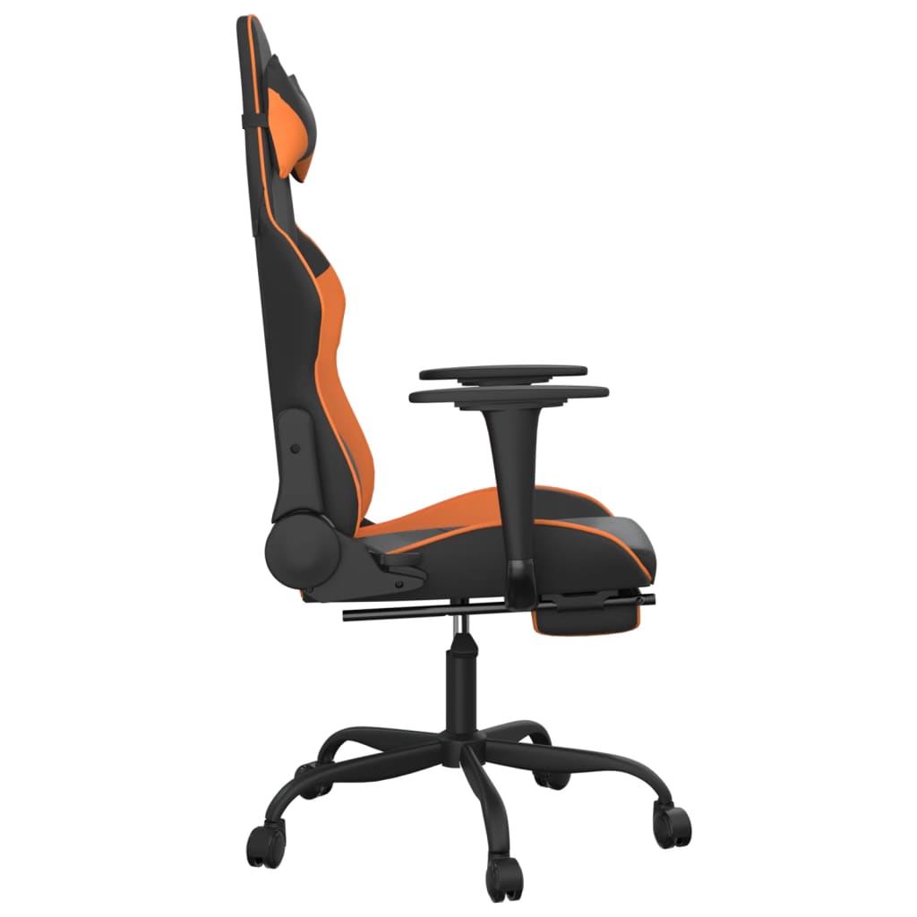 gaming chair with footrest, black and orange, faux leather