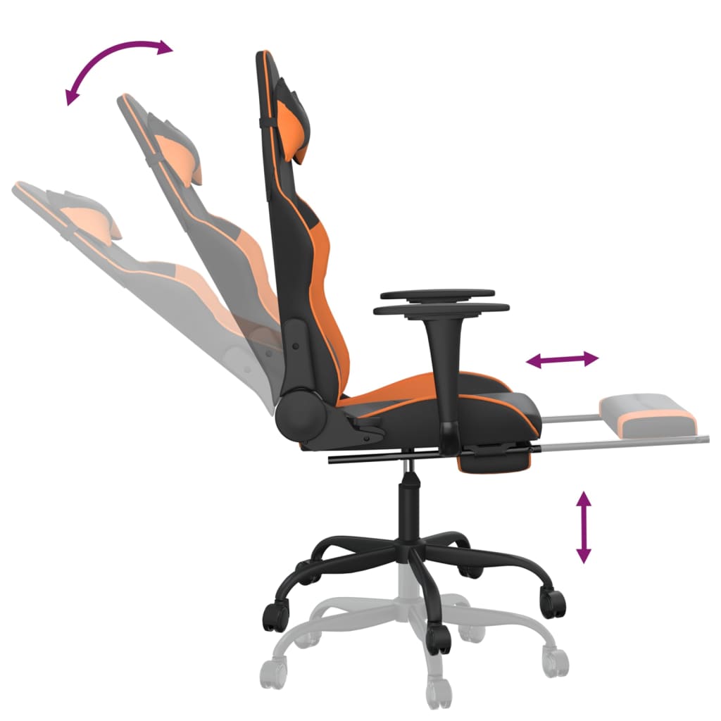 gaming chair with footrest, black and orange, faux leather