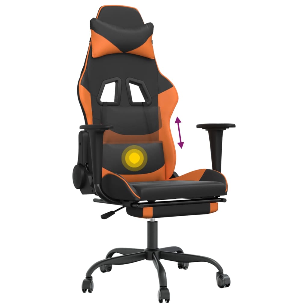 gaming chair with footrest, black and orange, faux leather