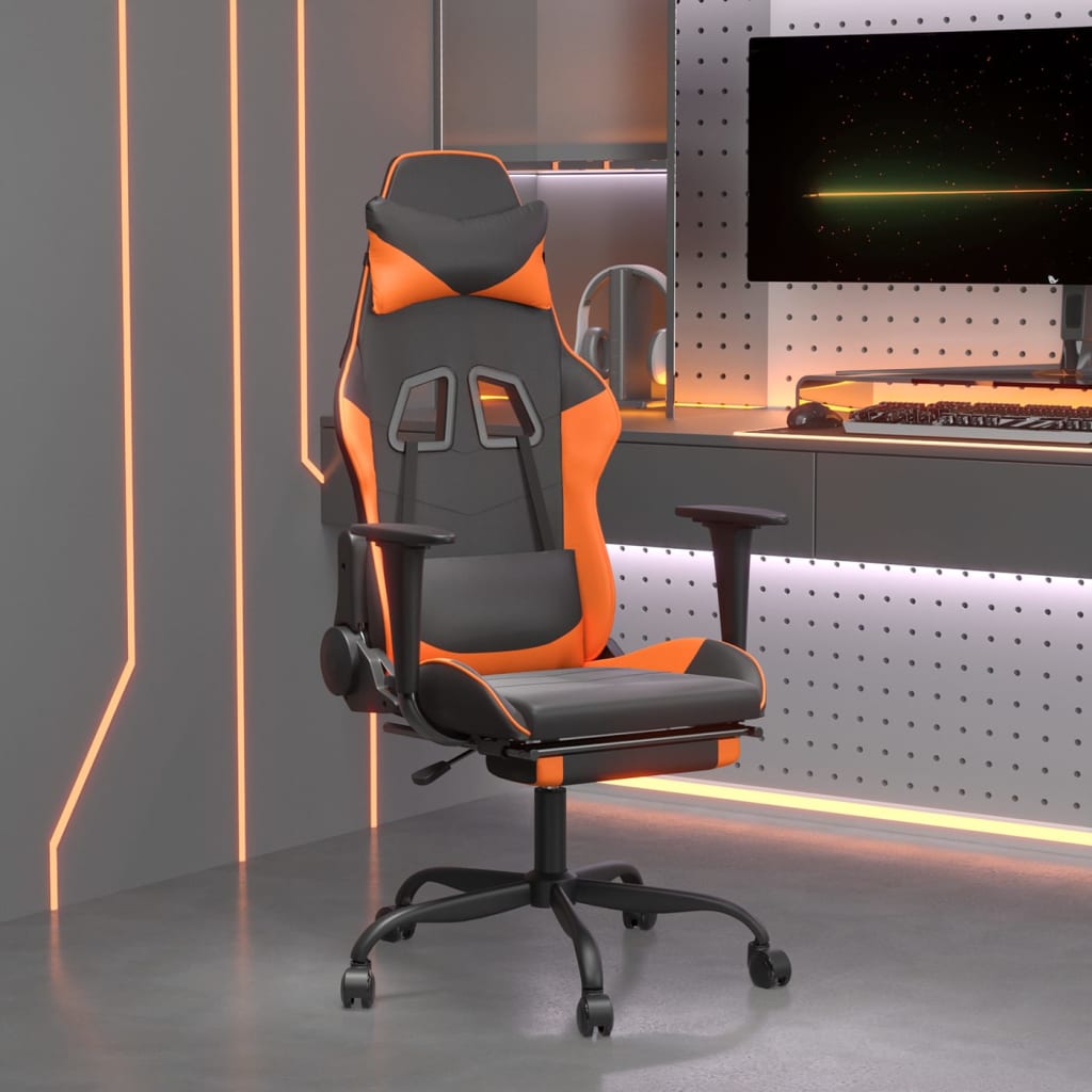 gaming chair with footrest, black and orange, faux leather