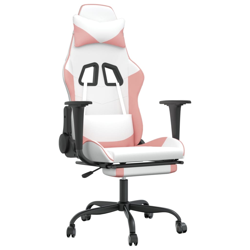 gaming chair with footrest, white and pink, faux leather