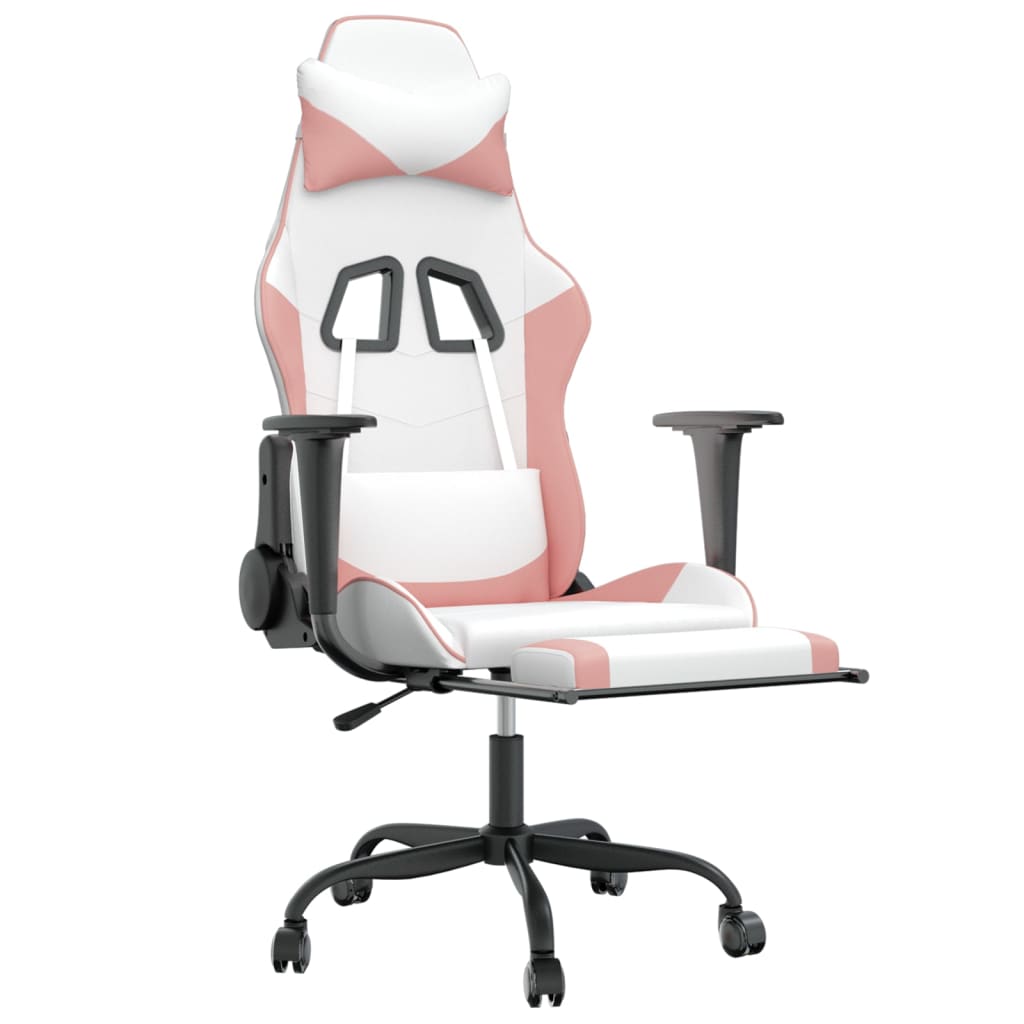 gaming chair with footrest, white and pink, faux leather