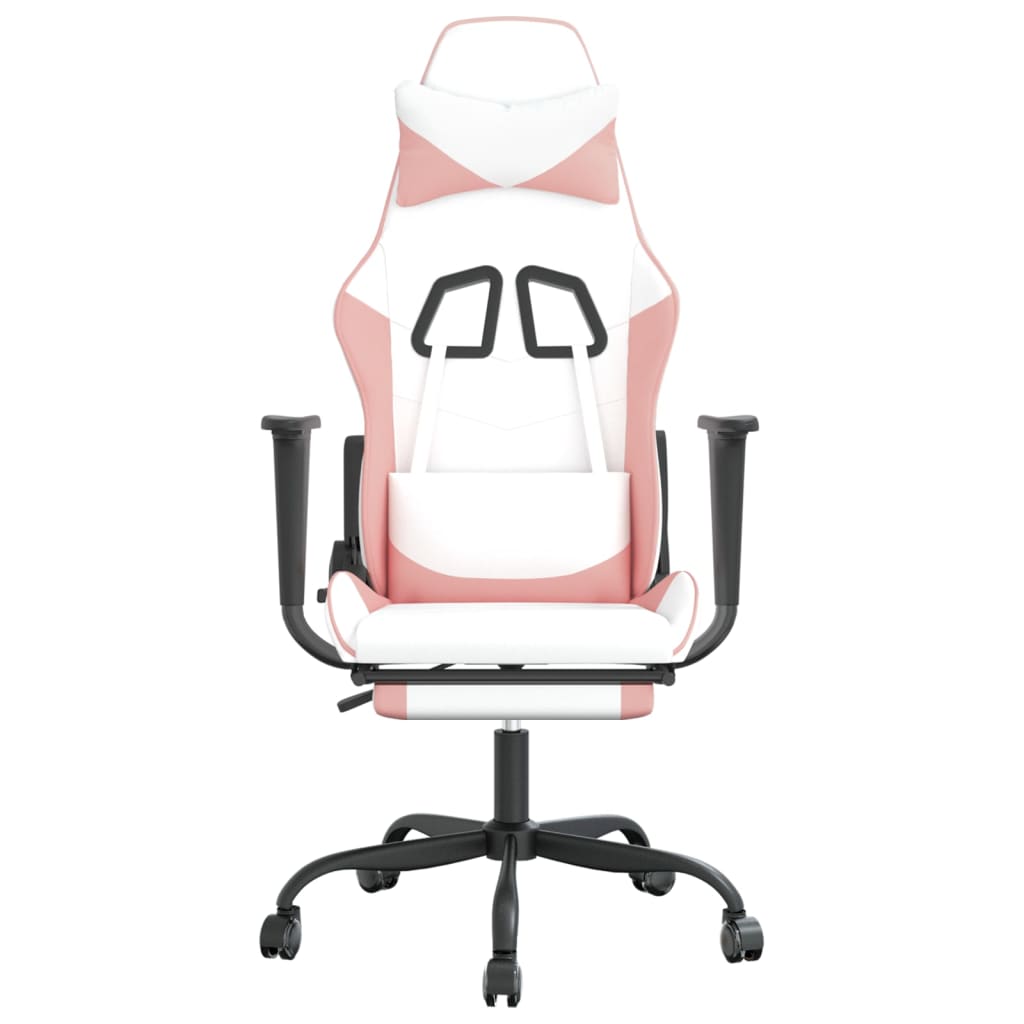 gaming chair with footrest, white and pink, faux leather