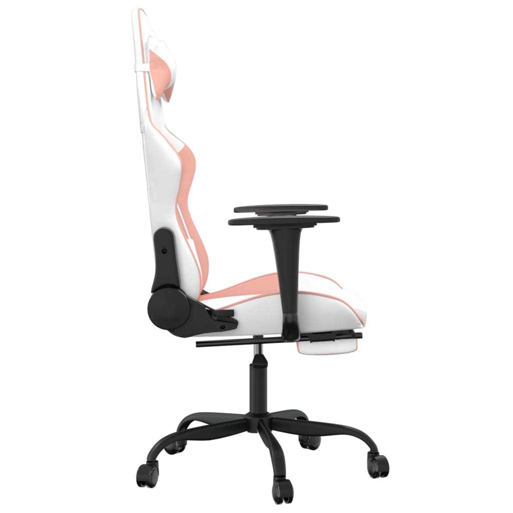 gaming chair with footrest, white and pink, faux leather