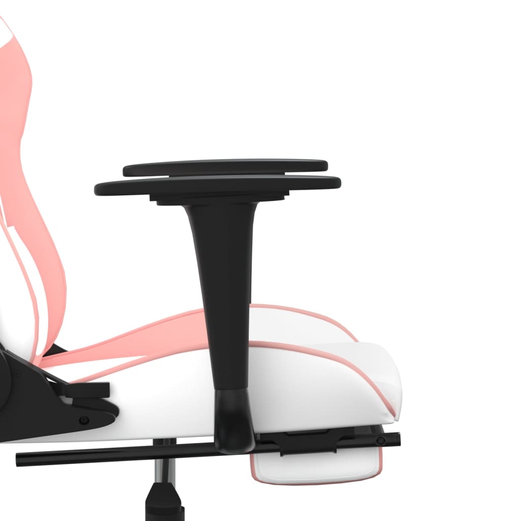 gaming chair with footrest, white and pink, faux leather