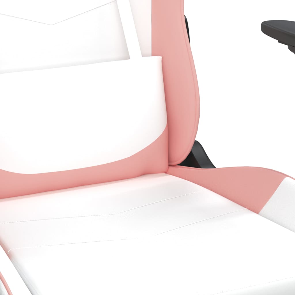 gaming chair with footrest, white and pink, faux leather