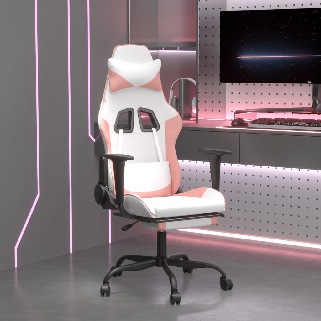 gaming chair with footrest, white and pink, faux leather