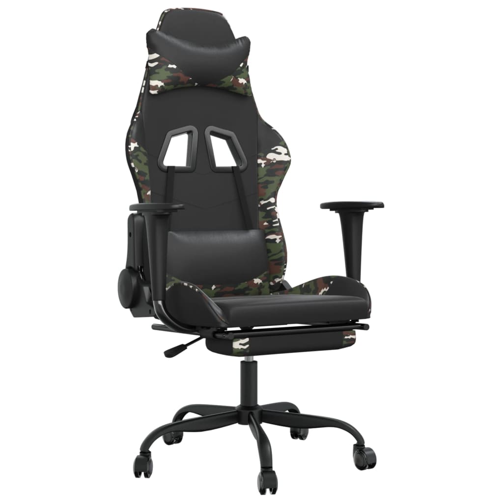 gaming chair with footrest, black and camouflage, faux leather