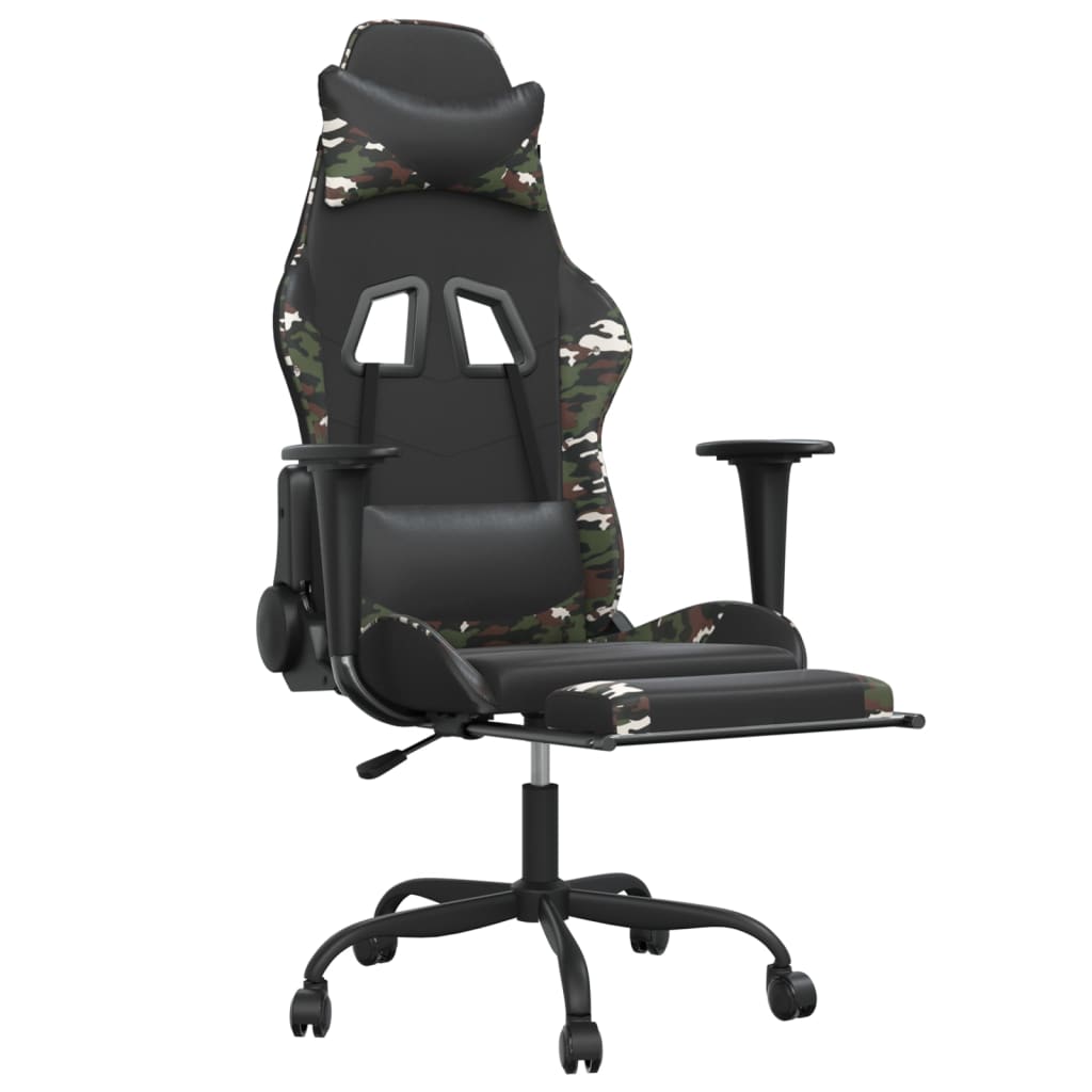 gaming chair with footrest, black and camouflage, faux leather