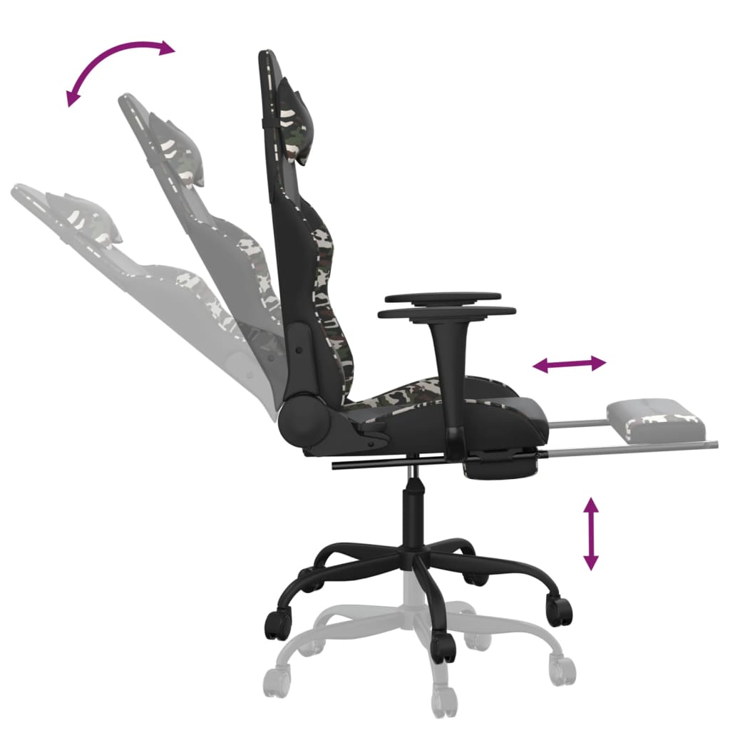 gaming chair with footrest, black and camouflage, faux leather