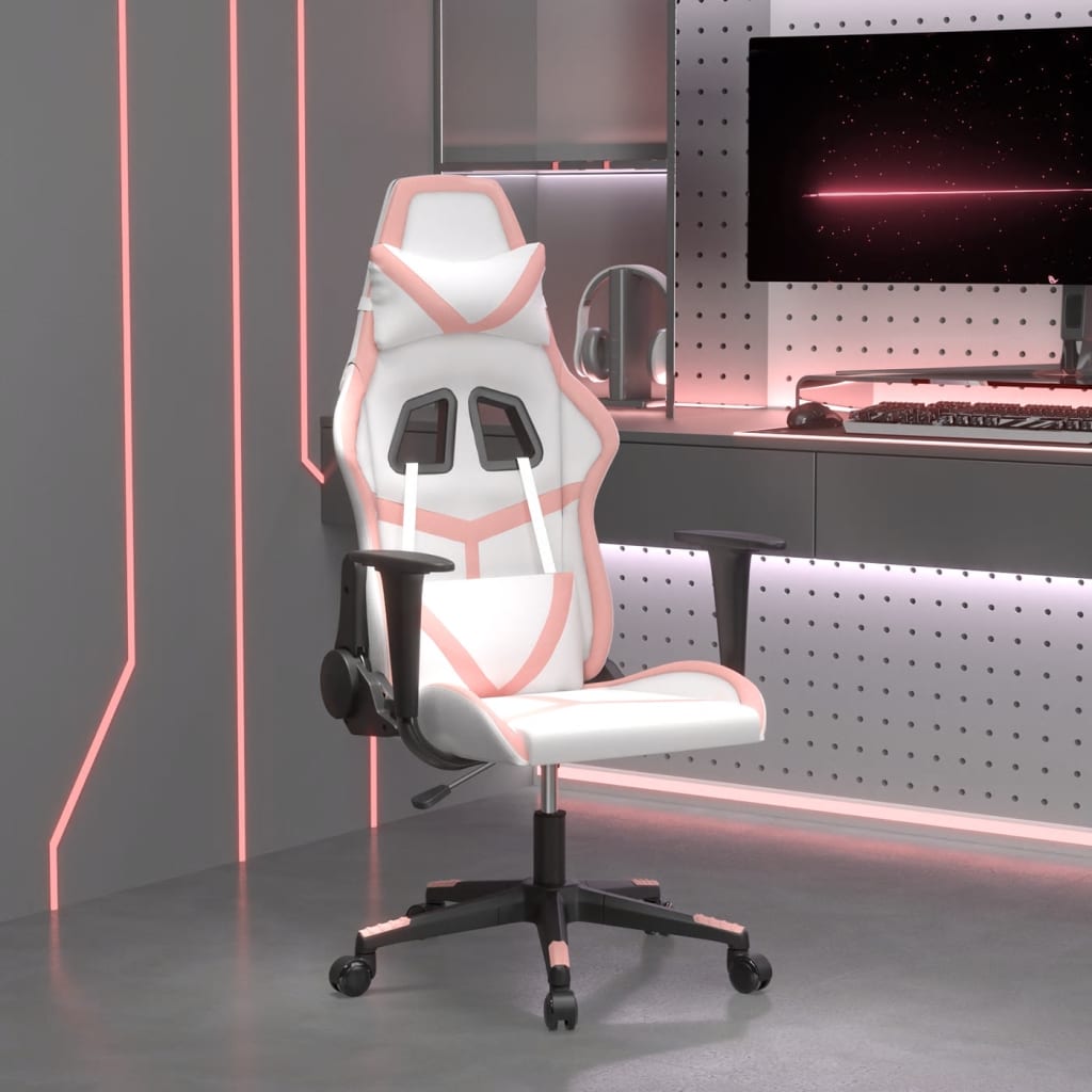 massage gaming chair, white and pink, faux leather