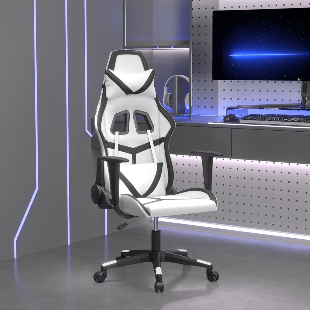 gaming chair with massage, black and white, faux leather