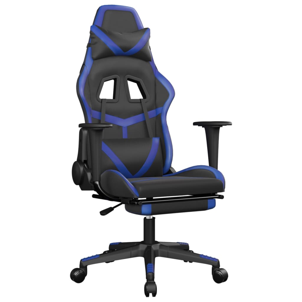 gaming chair with footrest, black and blue, faux leather