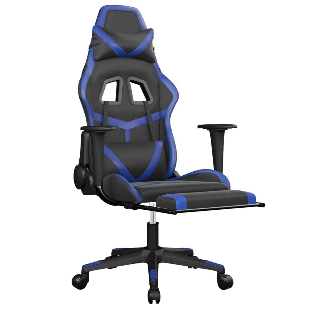 gaming chair with footrest, black and blue, faux leather