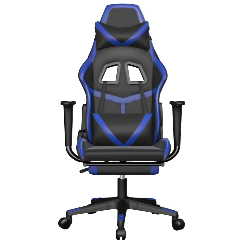 gaming chair with footrest, black and blue, faux leather