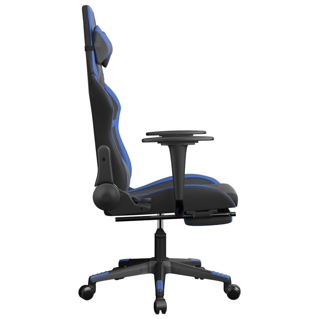 gaming chair with footrest, black and blue, faux leather