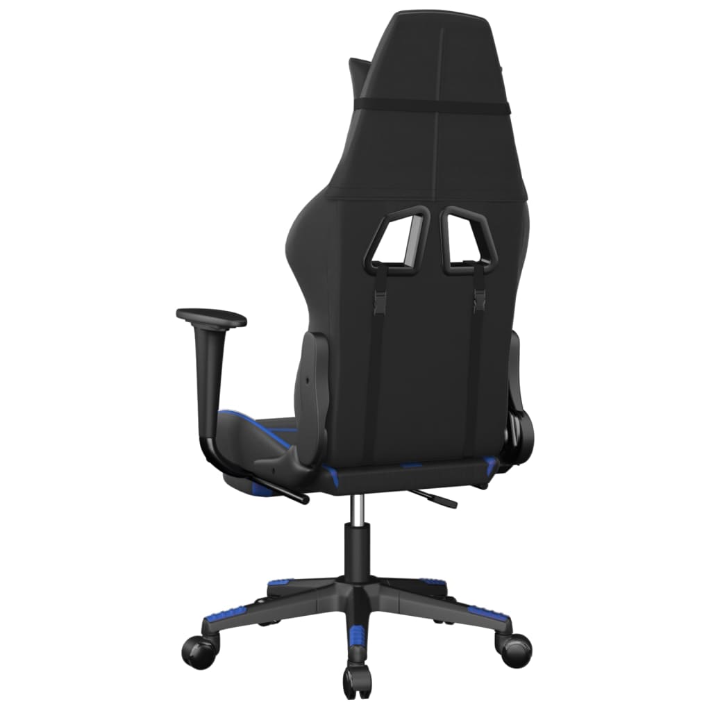 gaming chair with footrest, black and blue, faux leather