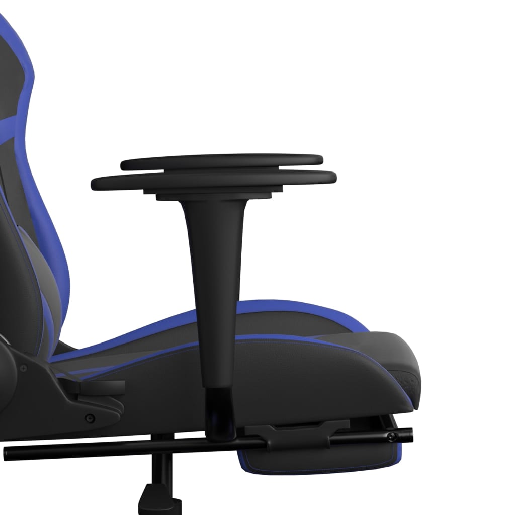 gaming chair with footrest, black and blue, faux leather