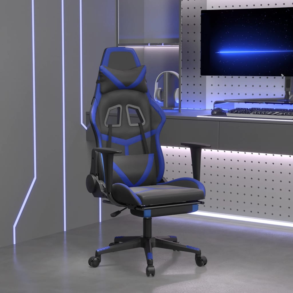 gaming chair with footrest, black and blue, faux leather