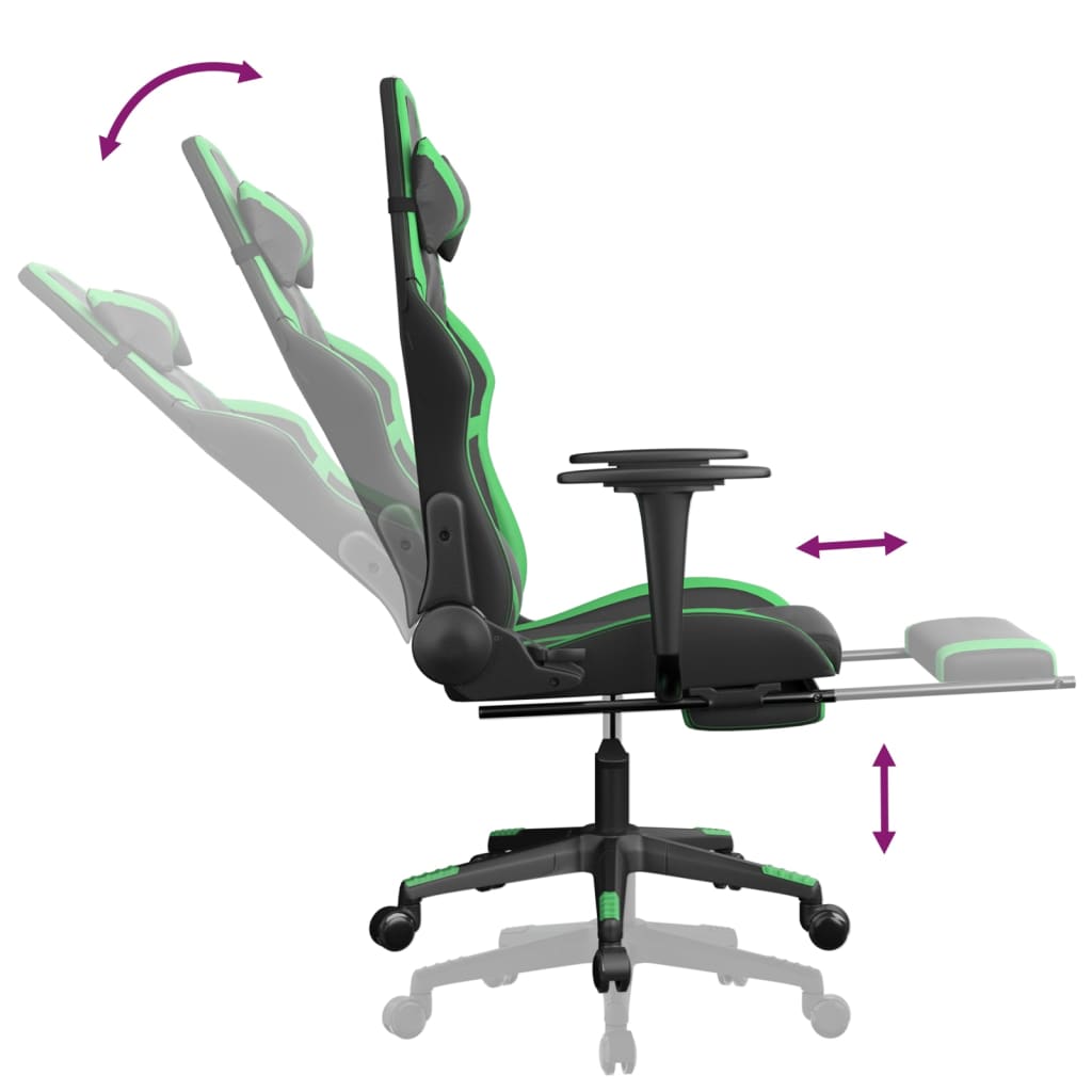 gaming chair with footrest, black and green, faux leather