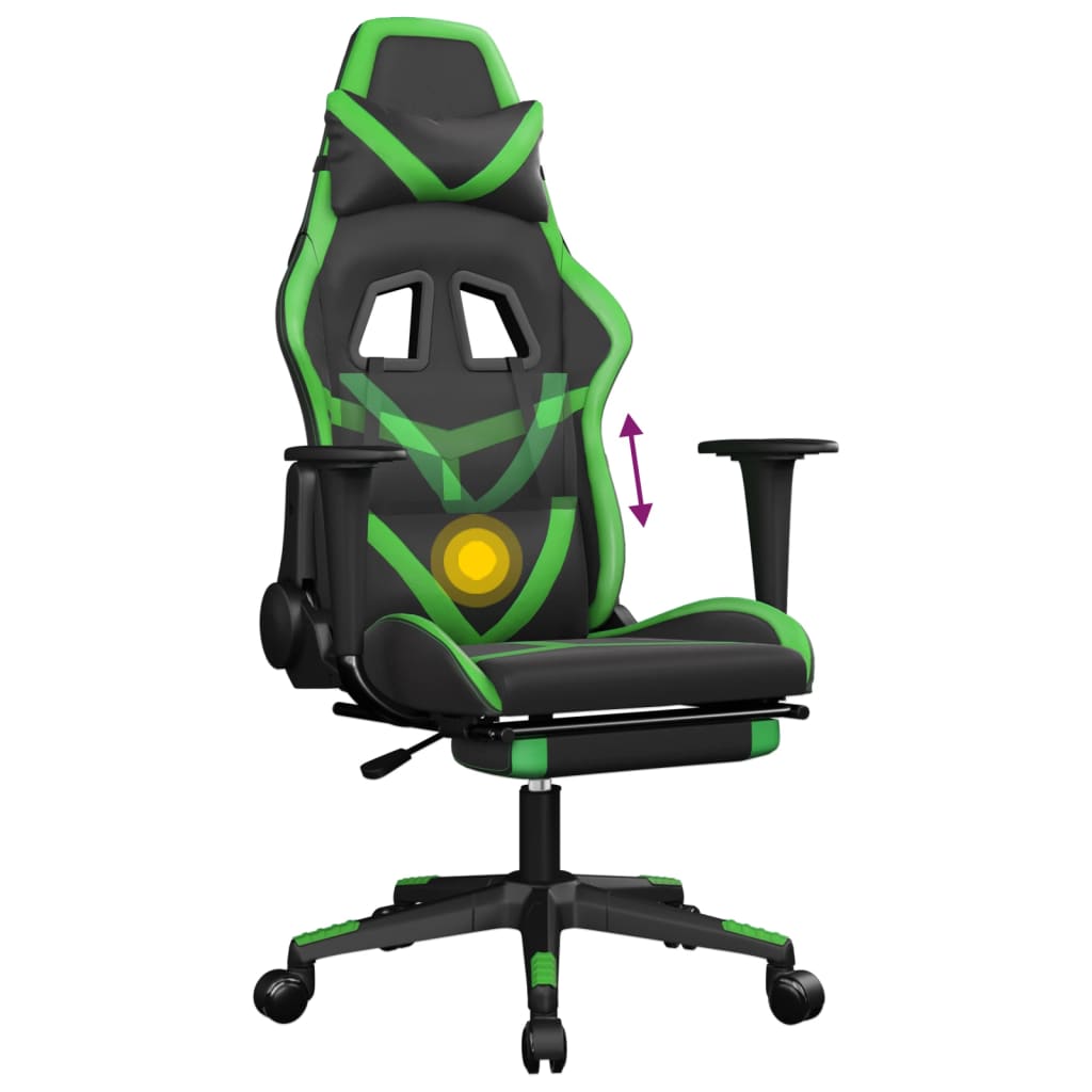 gaming chair with footrest, black and green, faux leather