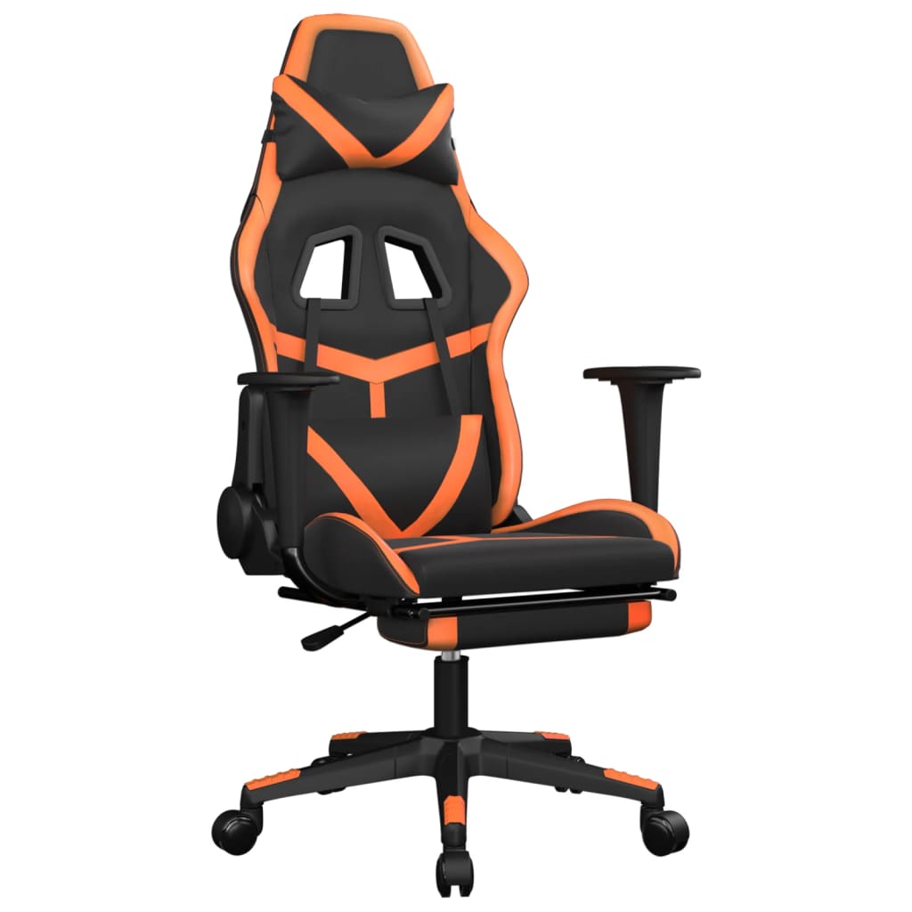 gaming chair with footrest, black and orange, faux leather