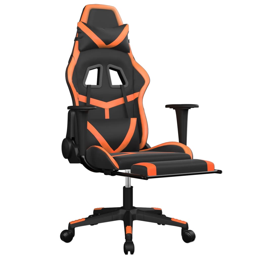 gaming chair with footrest, black and orange, faux leather