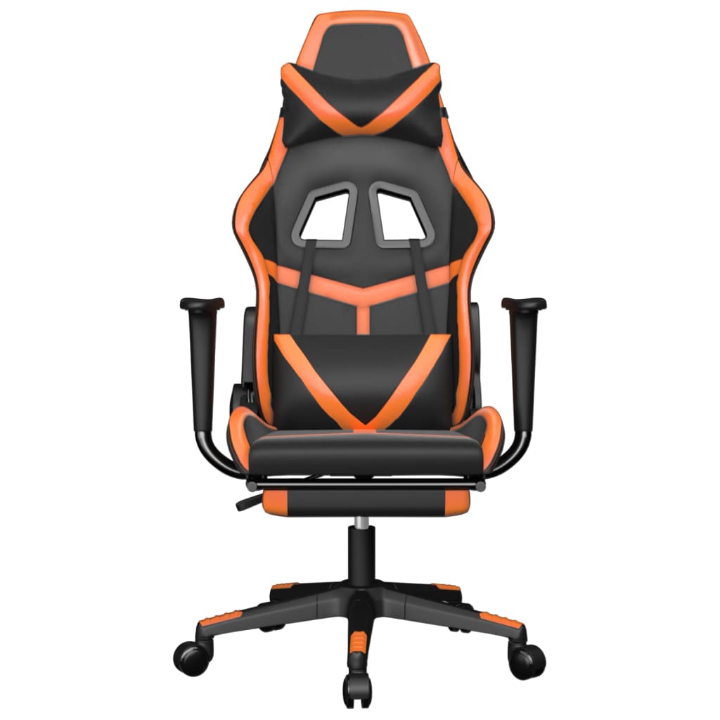 gaming chair with footrest, black and orange, faux leather