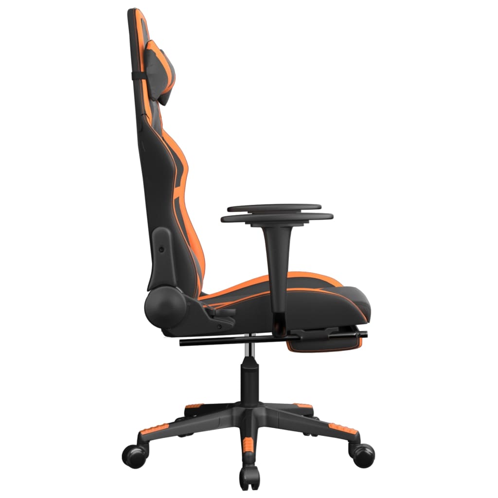 gaming chair with footrest, black and orange, faux leather