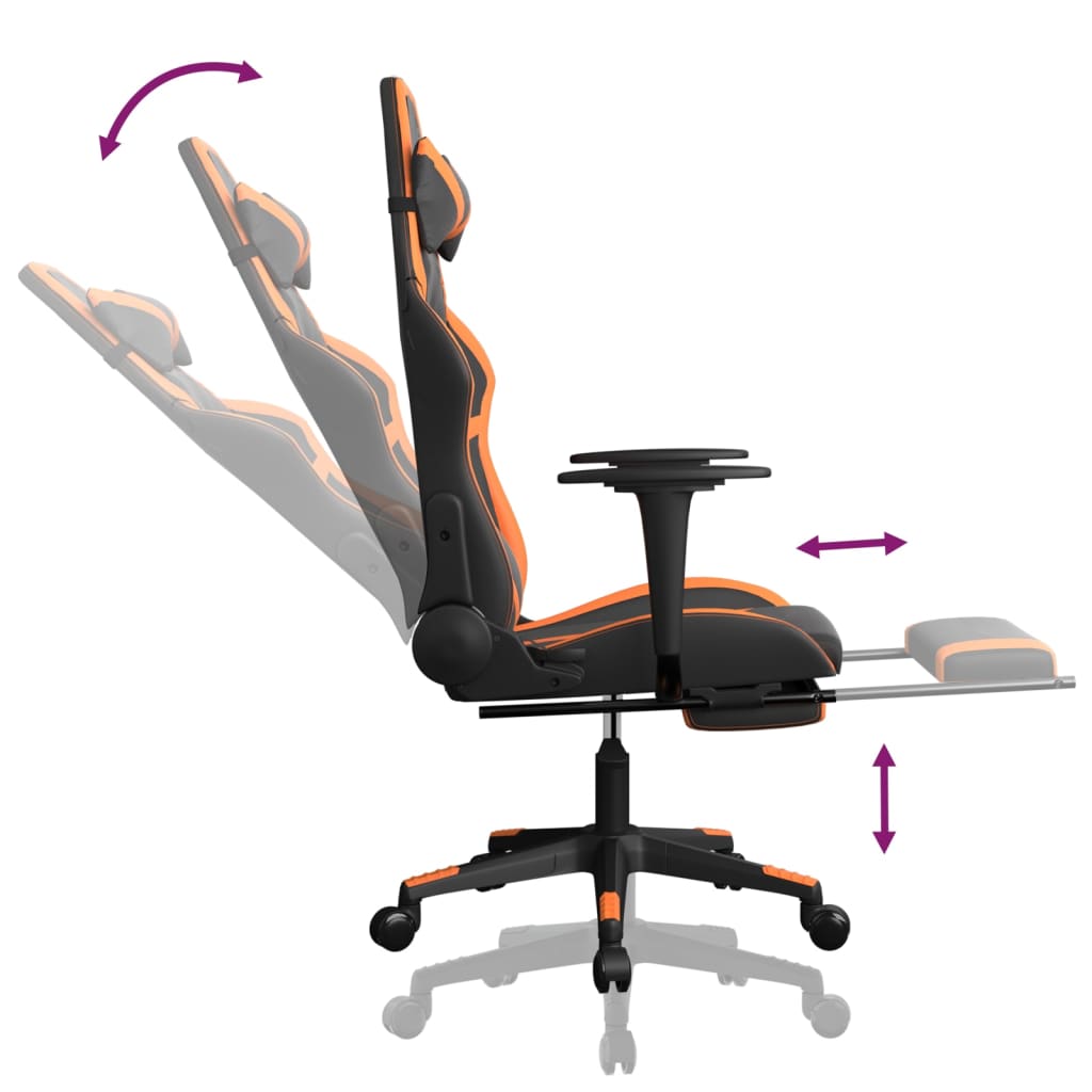 gaming chair with footrest, black and orange, faux leather