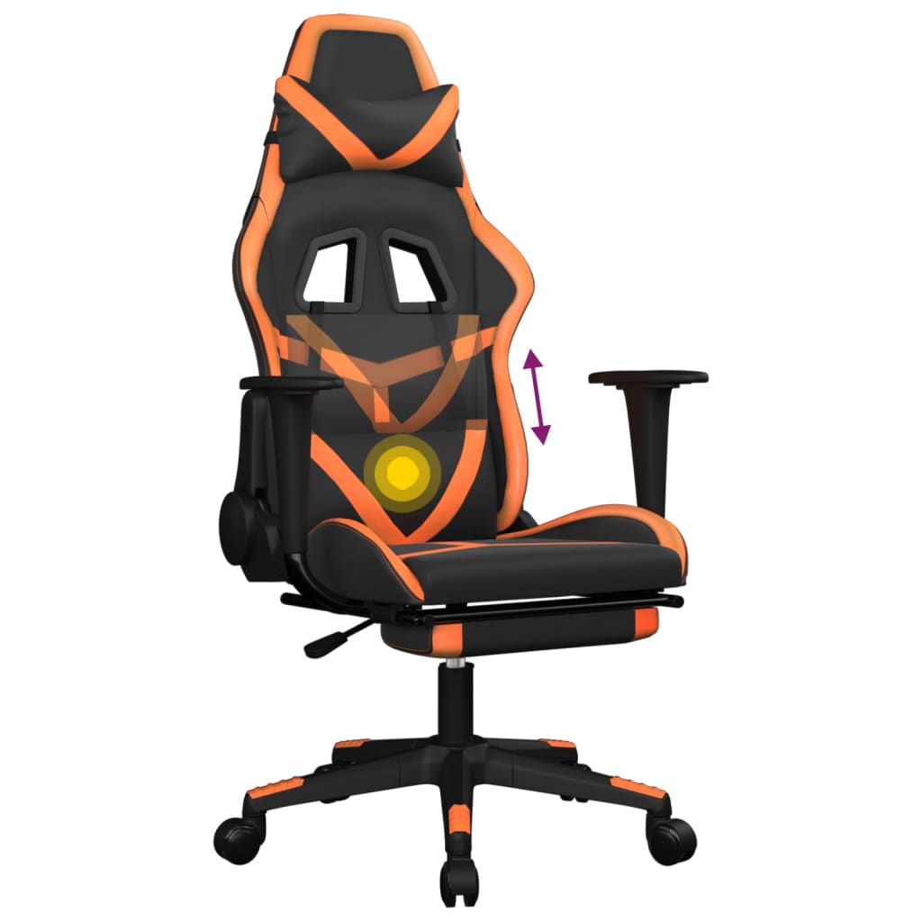 gaming chair with footrest, black and orange, faux leather