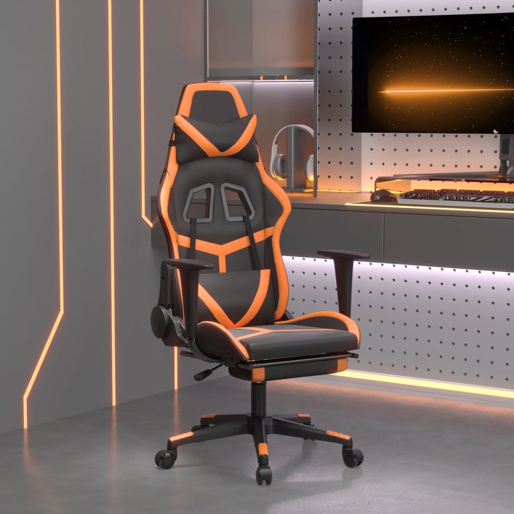 gaming chair with footrest, black and orange, faux leather