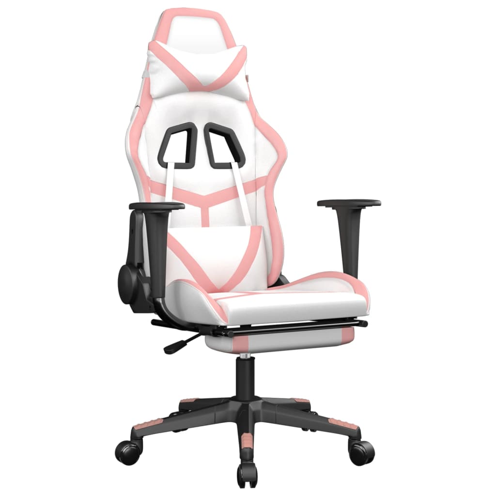 gaming chair with footrest, white and pink, faux leather