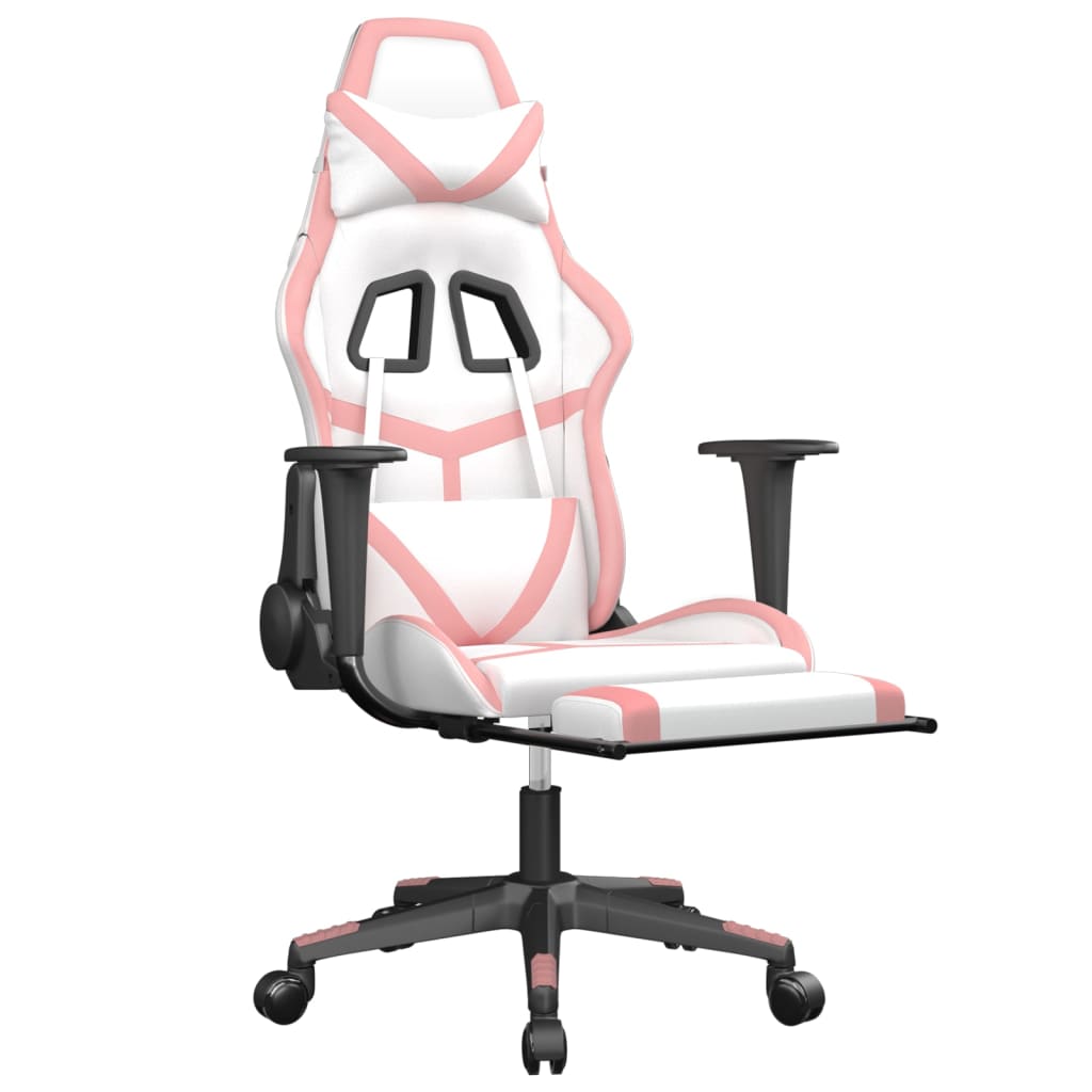 gaming chair with footrest, white and pink, faux leather