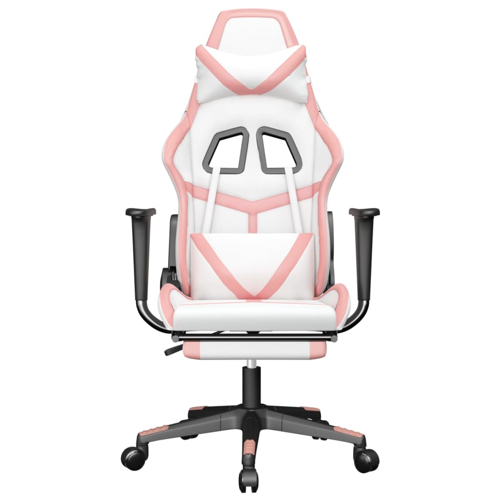 gaming chair with footrest, white and pink, faux leather