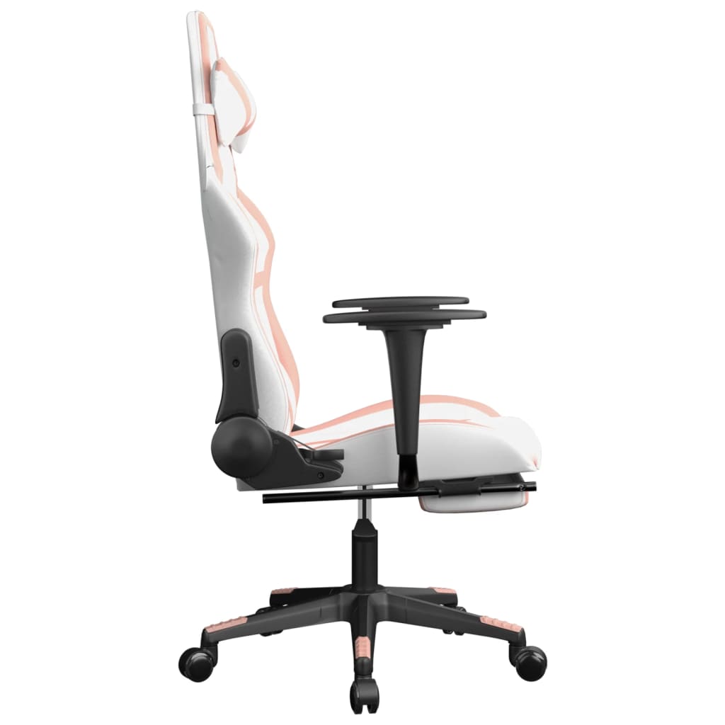 gaming chair with footrest, white and pink, faux leather