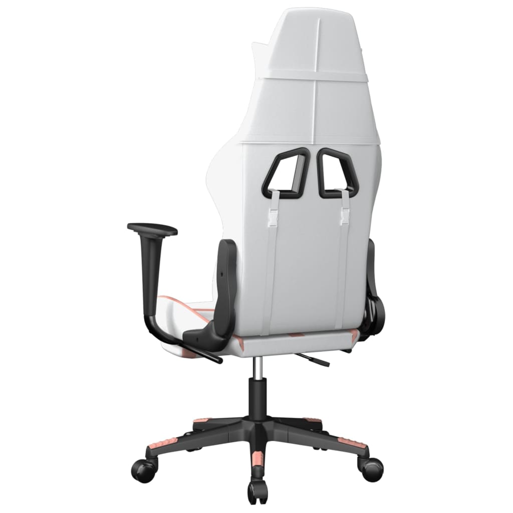 gaming chair with footrest, white and pink, faux leather