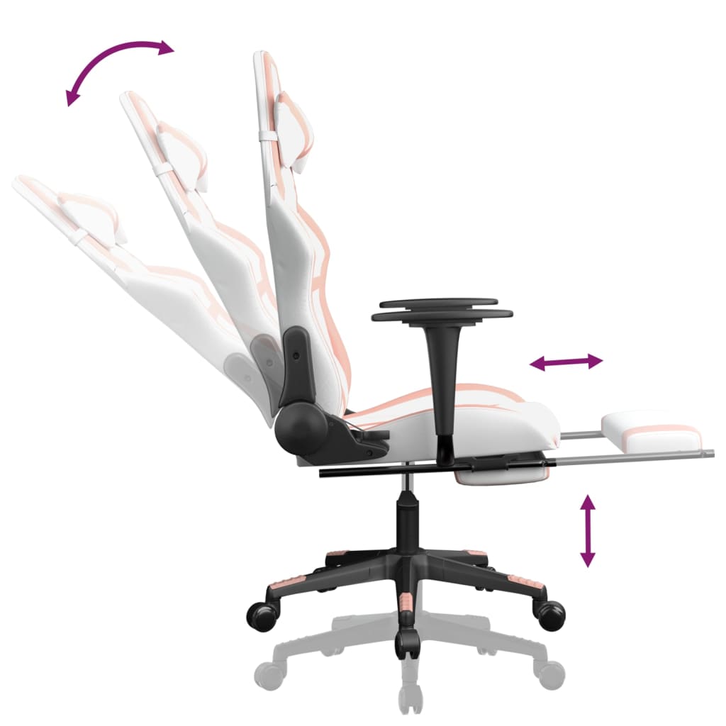 gaming chair with footrest, white and pink, faux leather