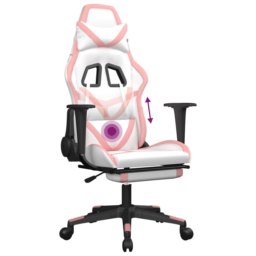 gaming chair with footrest, white and pink, faux leather