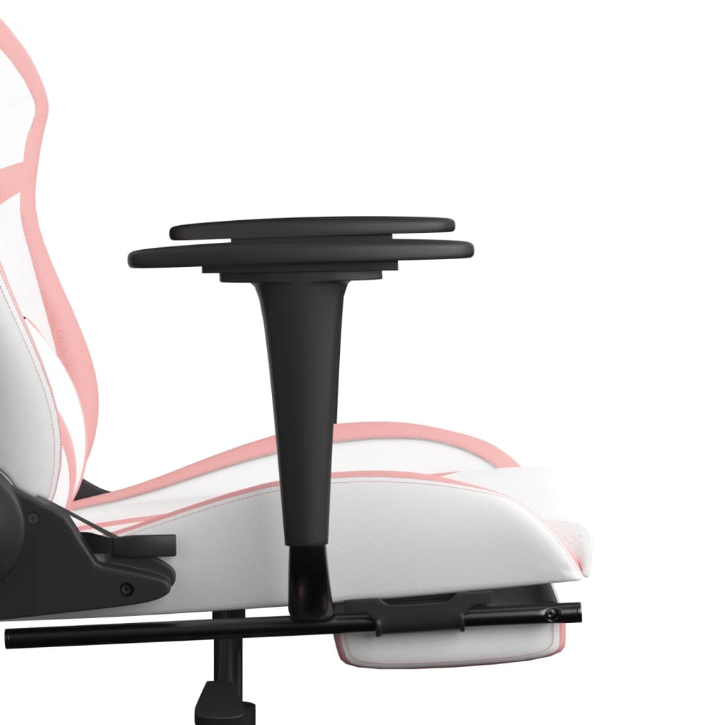 gaming chair with footrest, white and pink, faux leather