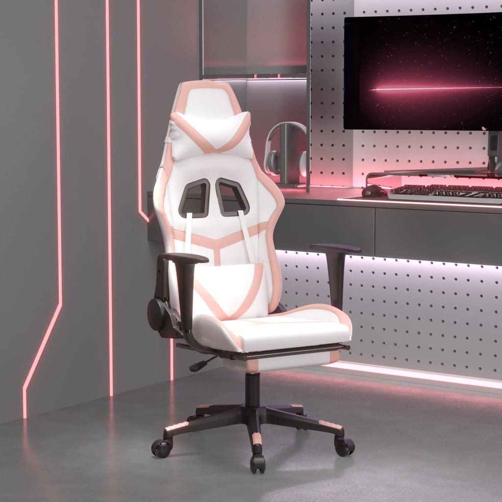 gaming chair with footrest, white and pink, faux leather