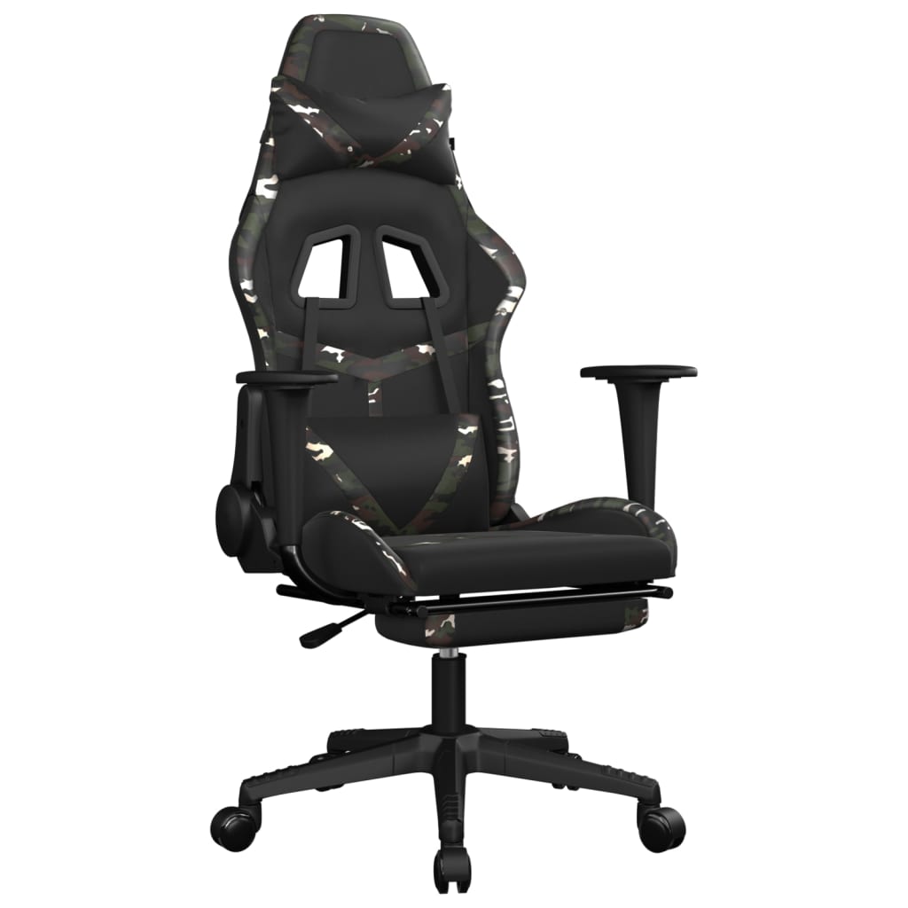 gaming chair with footrest, black and camouflage, faux leather