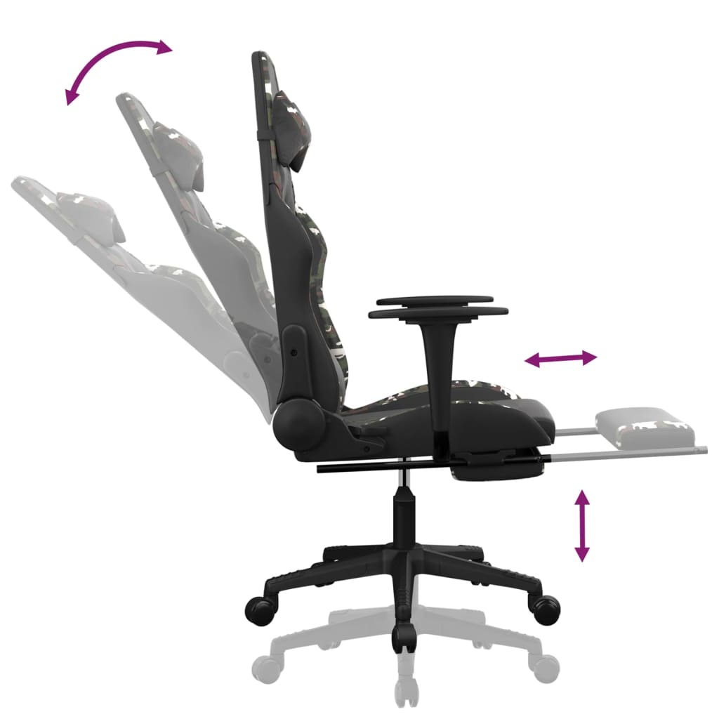 gaming chair with footrest, black and camouflage, faux leather