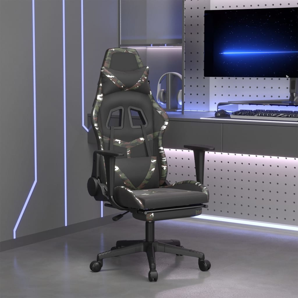 gaming chair with footrest, black and camouflage, faux leather