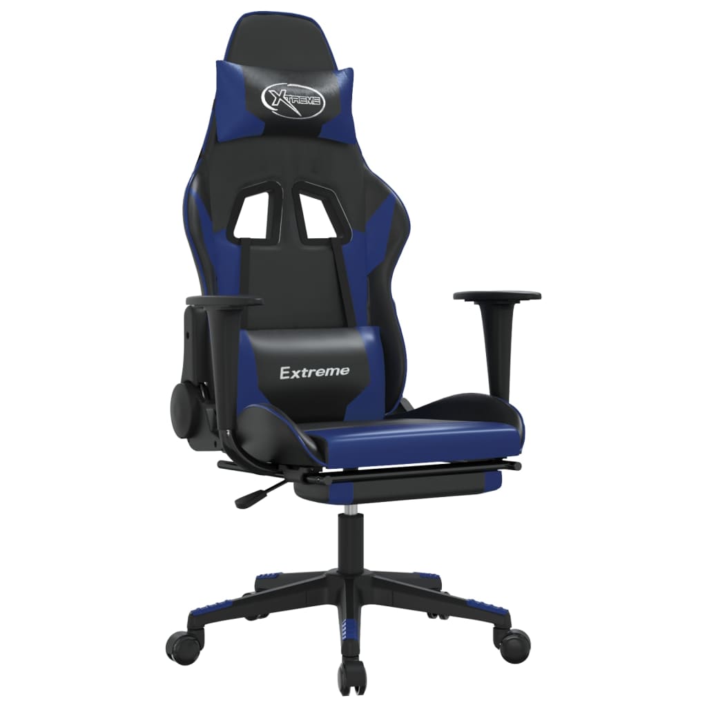 gaming chair with footrest, black and blue, faux leather