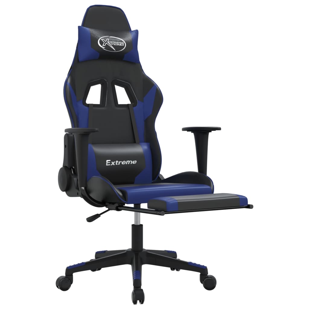 gaming chair with footrest, black and blue, faux leather