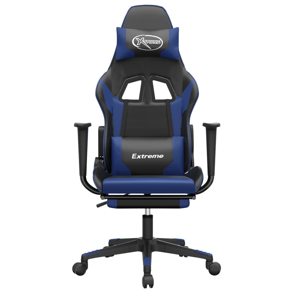 gaming chair with footrest, black and blue, faux leather