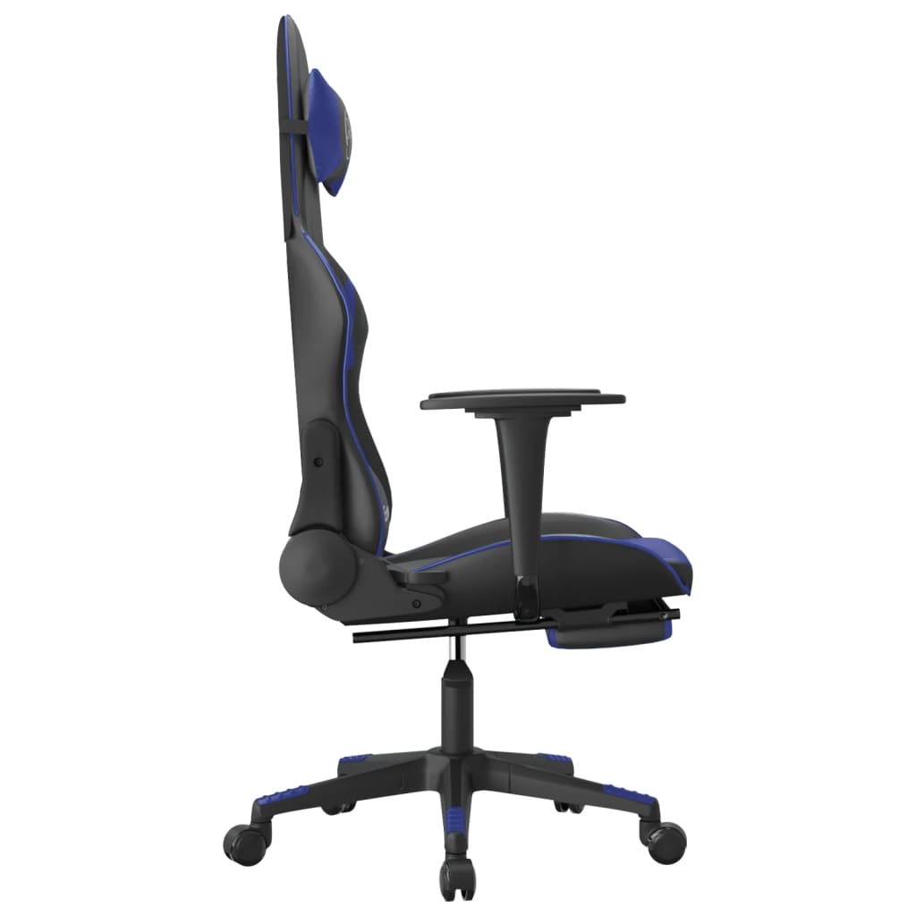 gaming chair with footrest, black and blue, faux leather