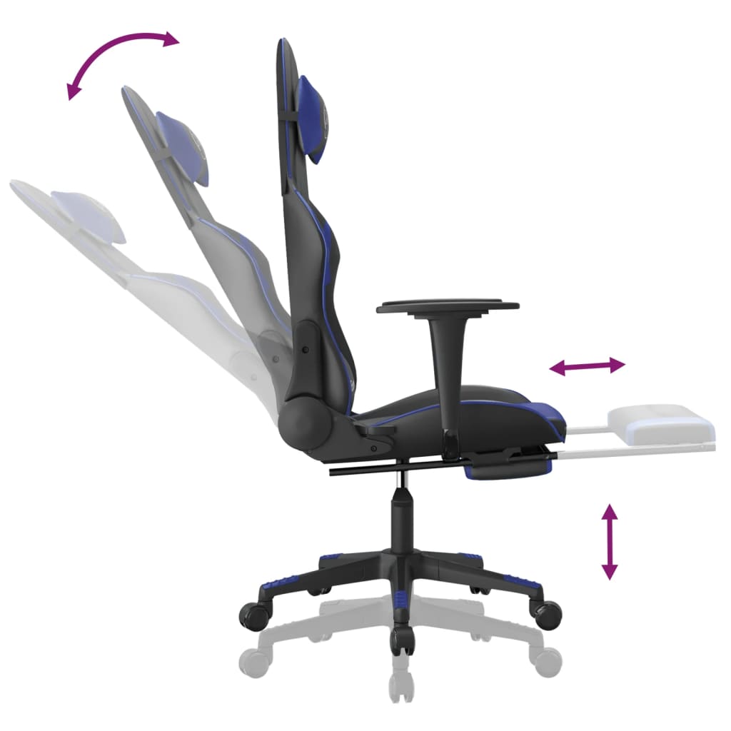 gaming chair with footrest, black and blue, faux leather